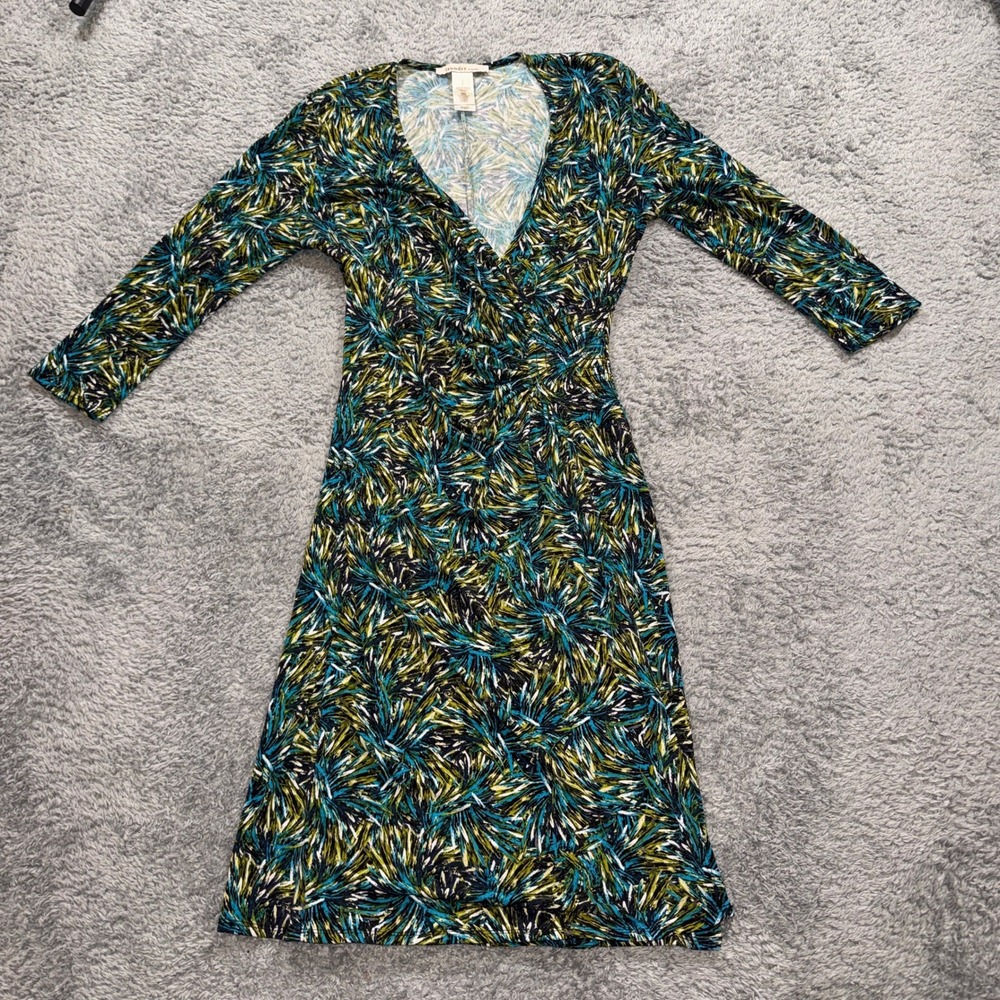 Laundry by Design Faux Wrap Dress Size 6 Green Blue Abstract Print 3/4 Sleeve